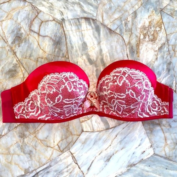 32B Bombshell Miraculous Red Lace Strapless Bra PushUp Lace Satin Rare - Picture 4 of 6